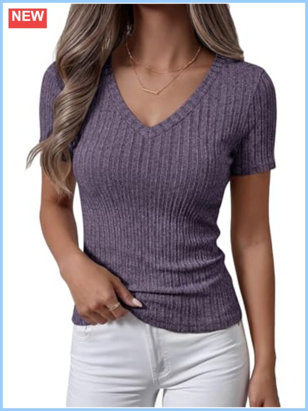 ANRABESS Women's V-Neck Short Sleeve Ribbed Knit Slim Fit Top